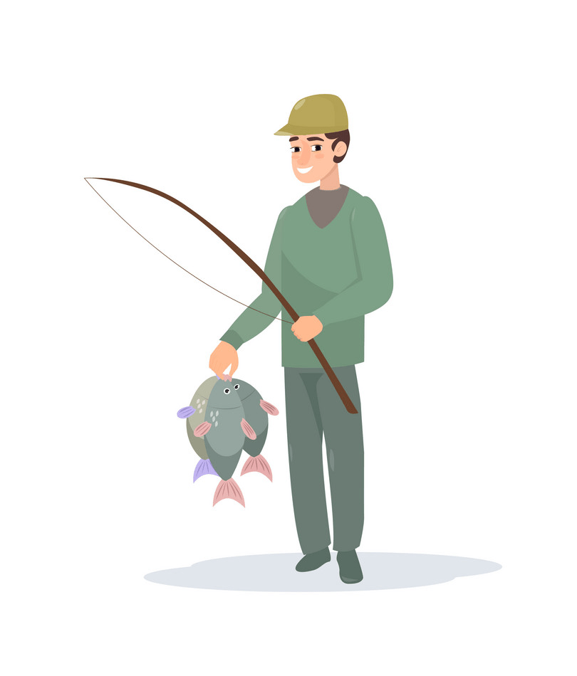 釣り竿と釣った魚を保持している漁師のイラスト png