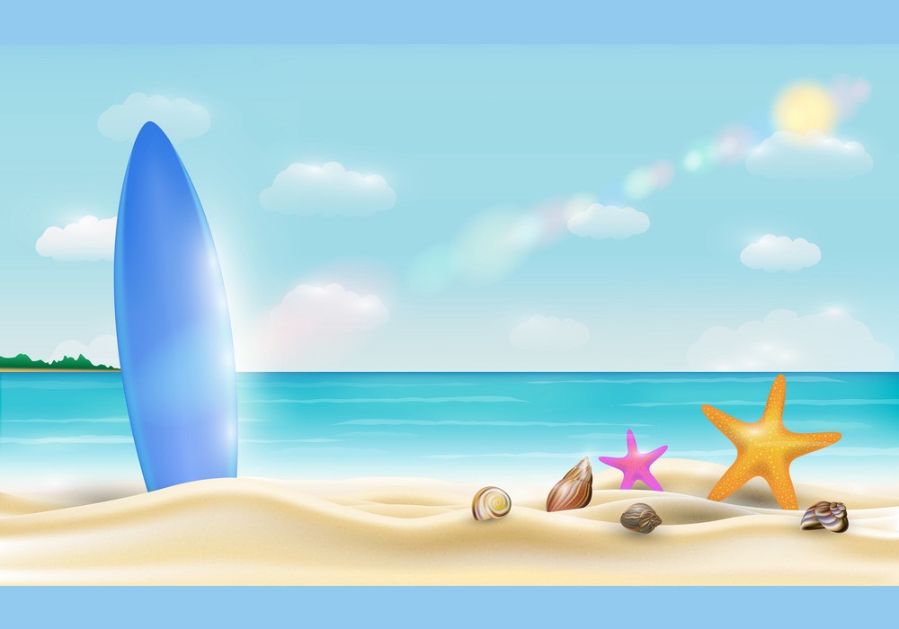 美しい明るい砂浜のサーフボードのイラスト イラスト