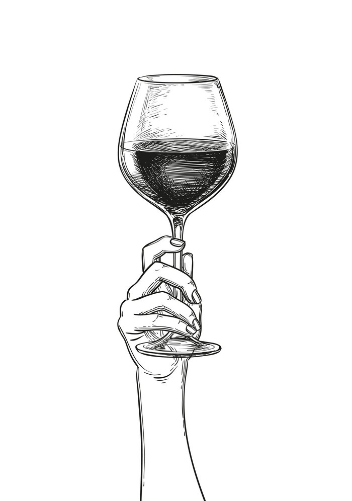 ワインのグラスを持つ手イラストをスケッチします。