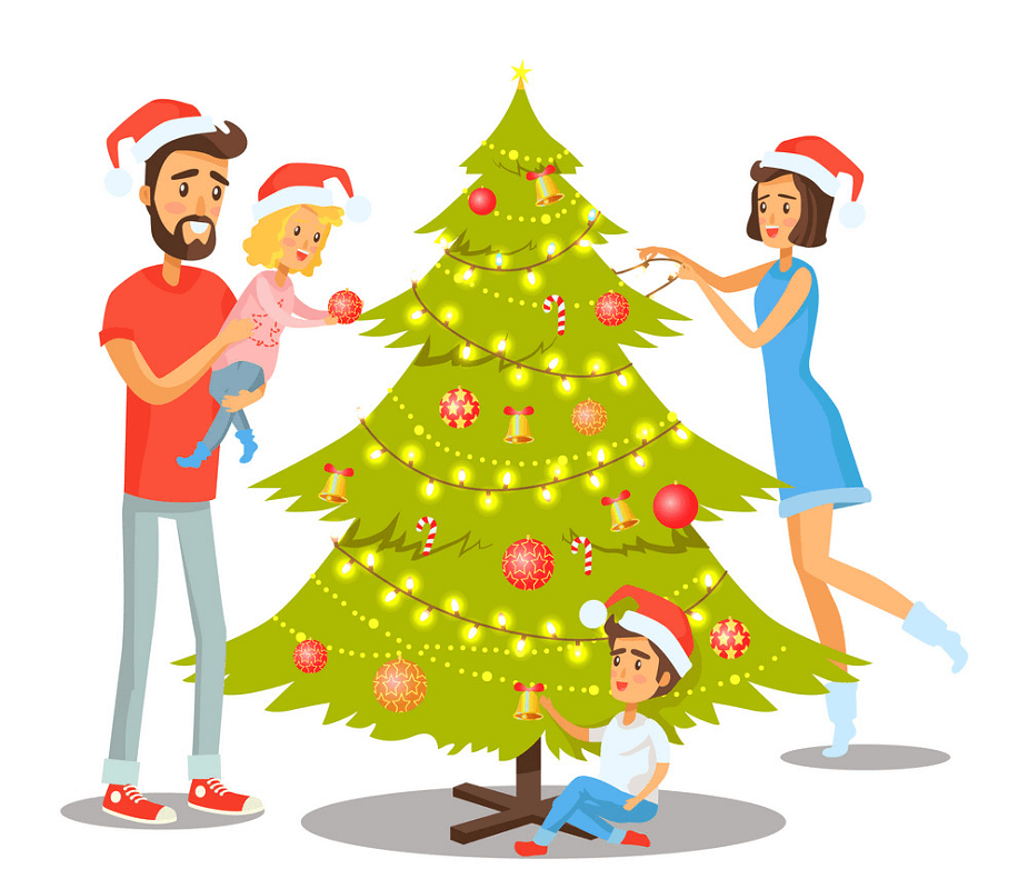 家族とクリスマスツリーのイラスト イラスト