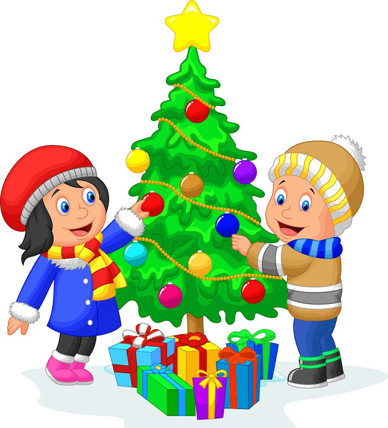 子供たちとクリスマスツリーのイラスト イラスト