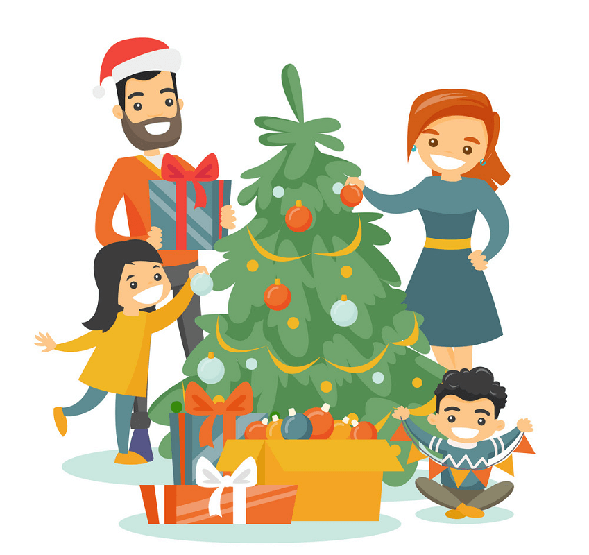 クリスマスツリーのイラストを持つ家族 イラスト