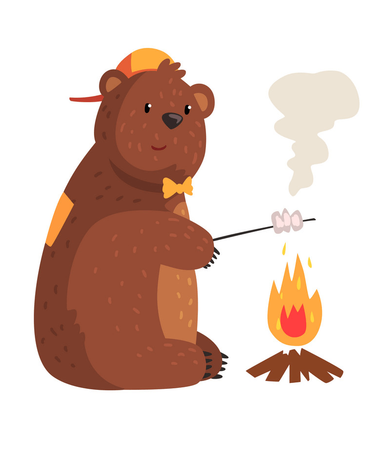 キャンプファイヤーでマシュマロを焼くクマのイラスト イラスト