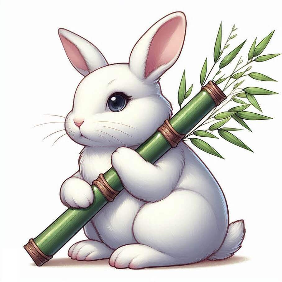 竹の枝を持つ白いウサギのイラスト