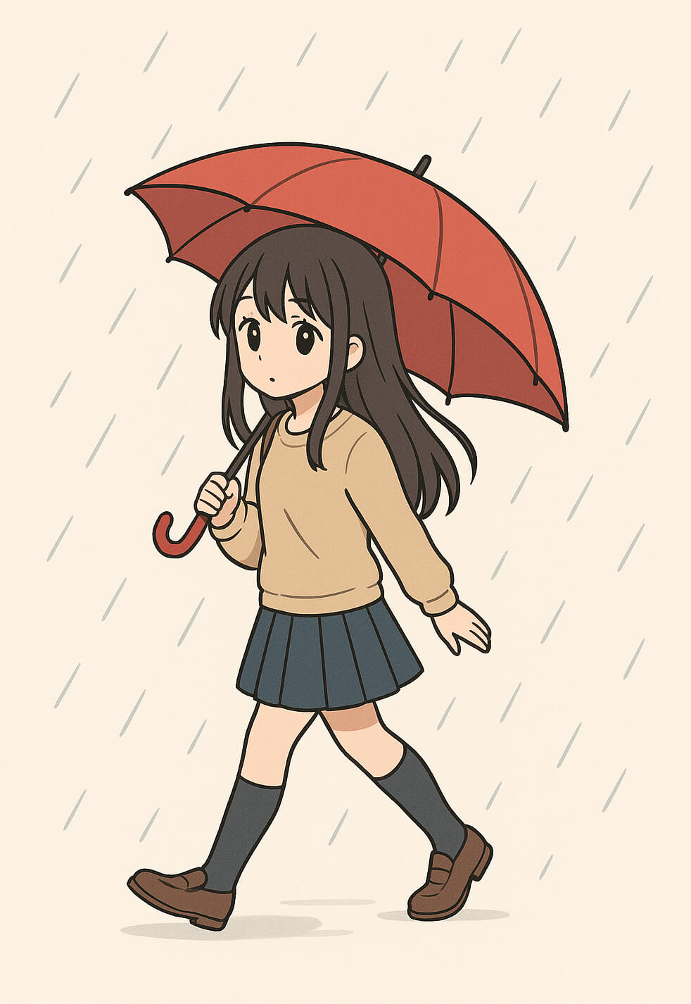 雨の中で傘を差しているアニメの女の子の無料イラスト イラスト