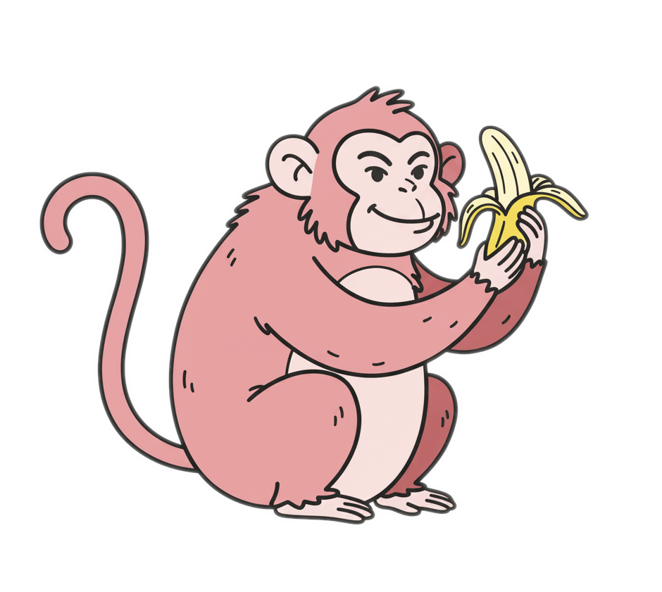 バナナを食べているピンクの猿のイラスト