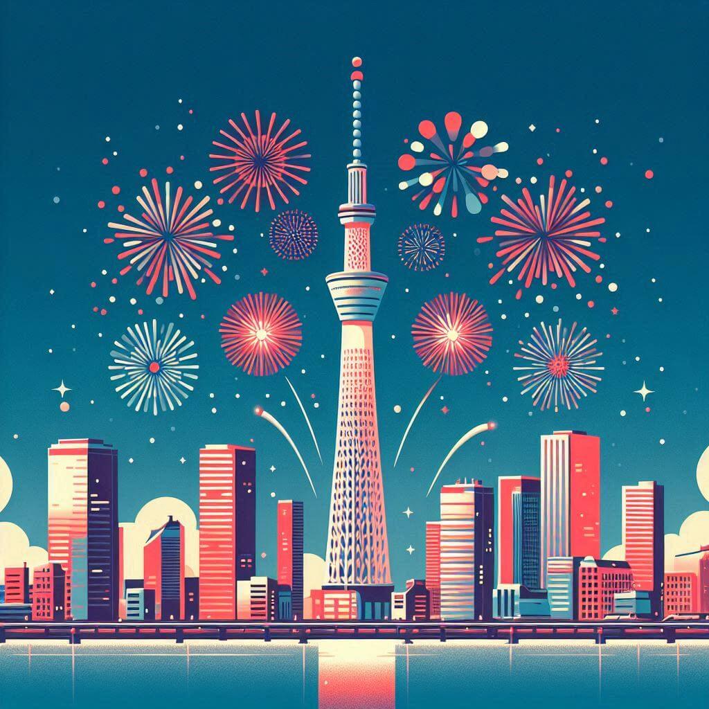 花火が打ち上がる夜の街のイラスト無料