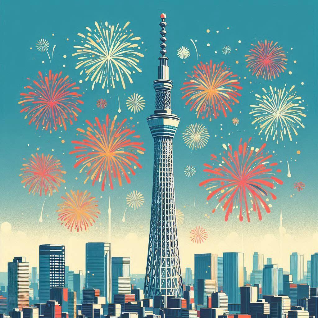 花火が打ち上がる夜の街のイラストダウンロード