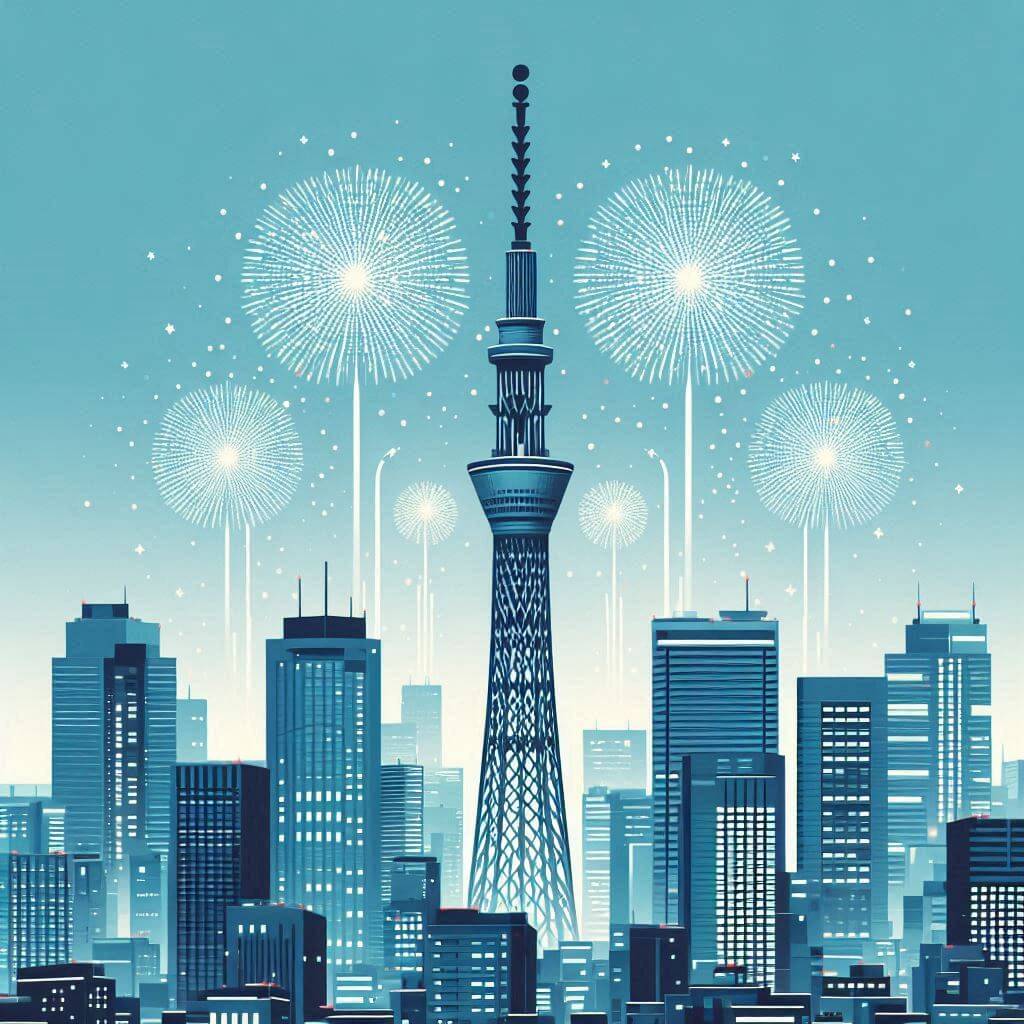 花火のある夜の街のイラスト背景