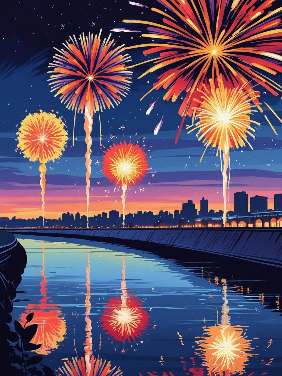 川の花火の背景イラスト 2