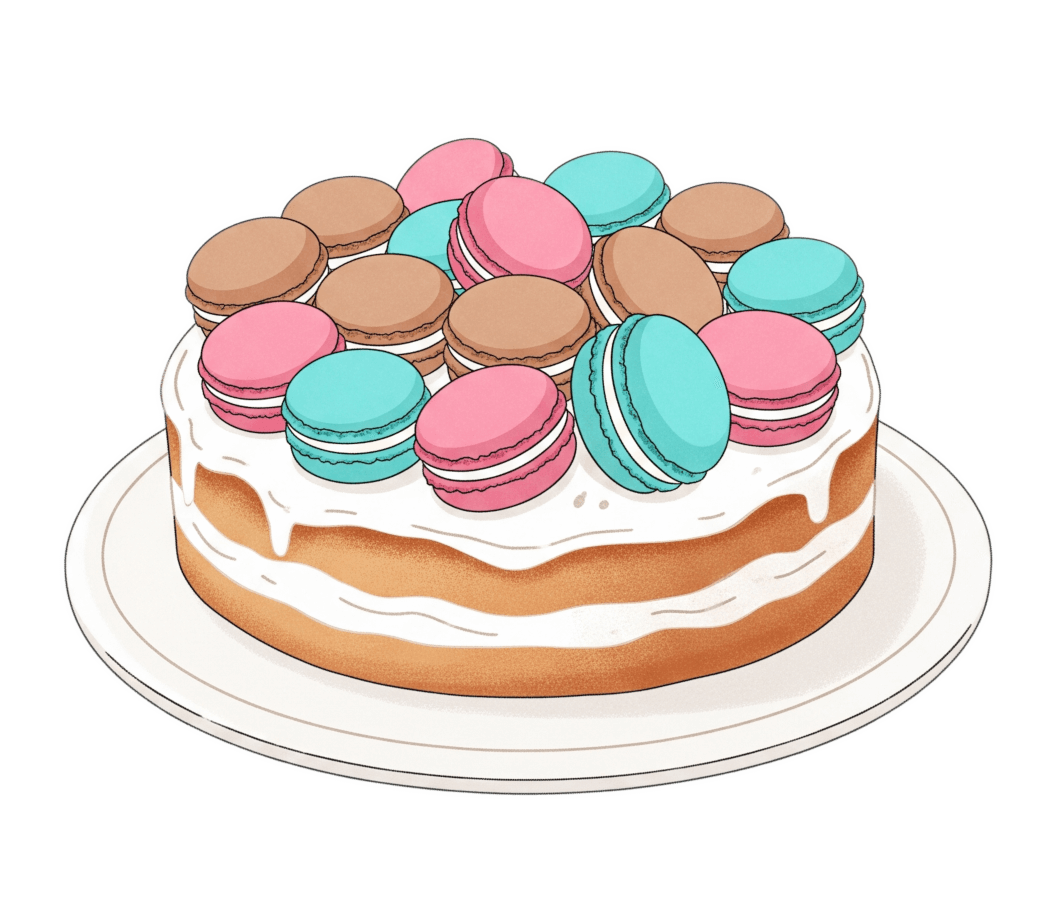 マカロン付きプレートケーキのイラスト イラスト
