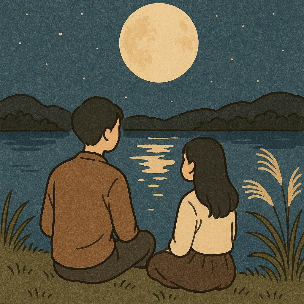 月を眺めるカップルのイラスト イラスト