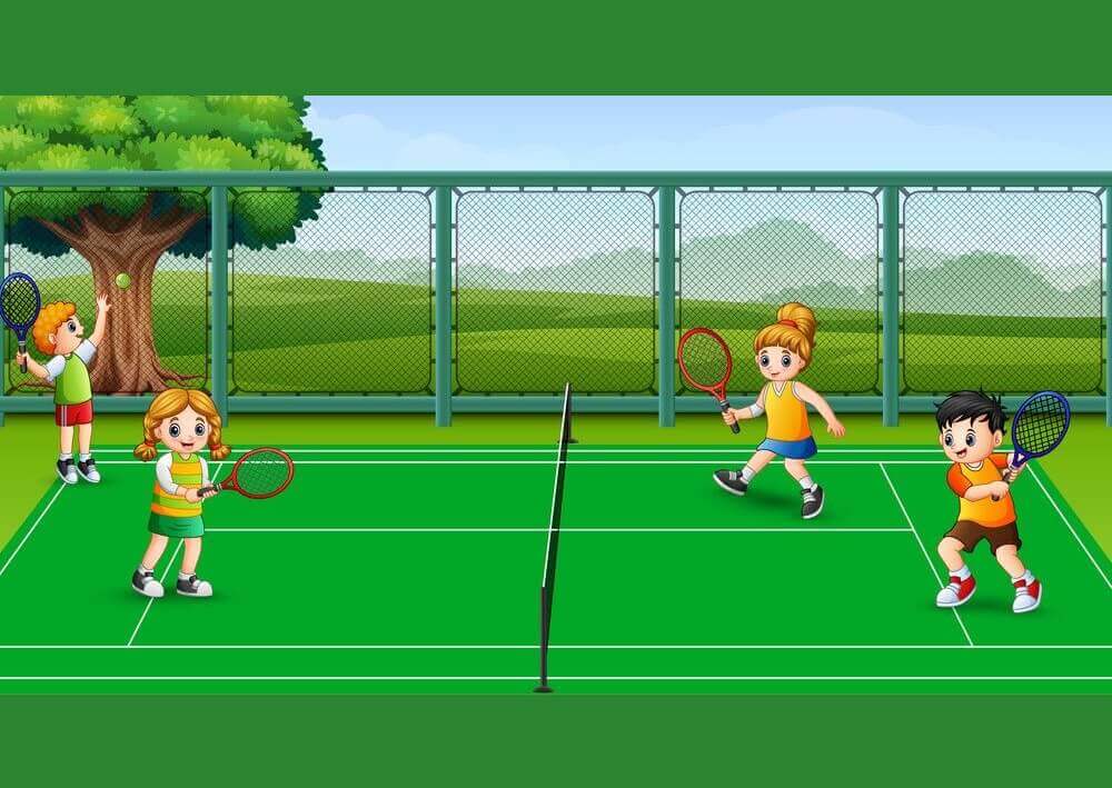 コートでテニスをする幸せな子供たちのイラスト背景