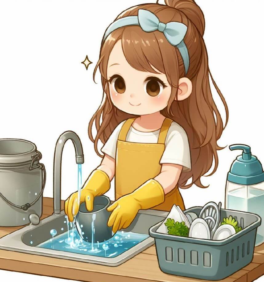 皿を洗う小さな女の子のイラスト