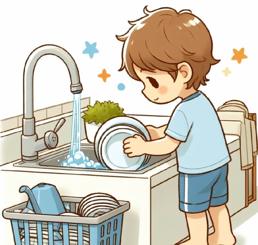 皿を洗う小さな男の子のイラスト 2
