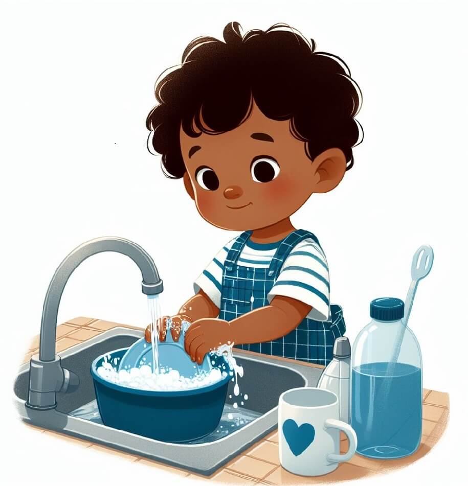 皿を洗う小さな男の子のイラスト