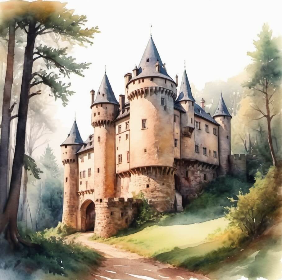 森の中の古い城のイラスト