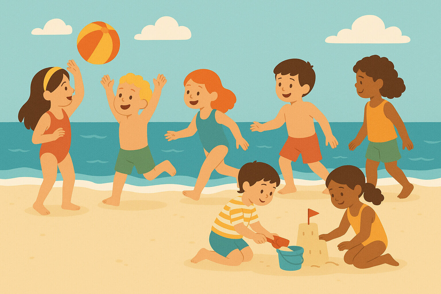ビーチで遊ぶ子供たちのイラスト無料 イラスト