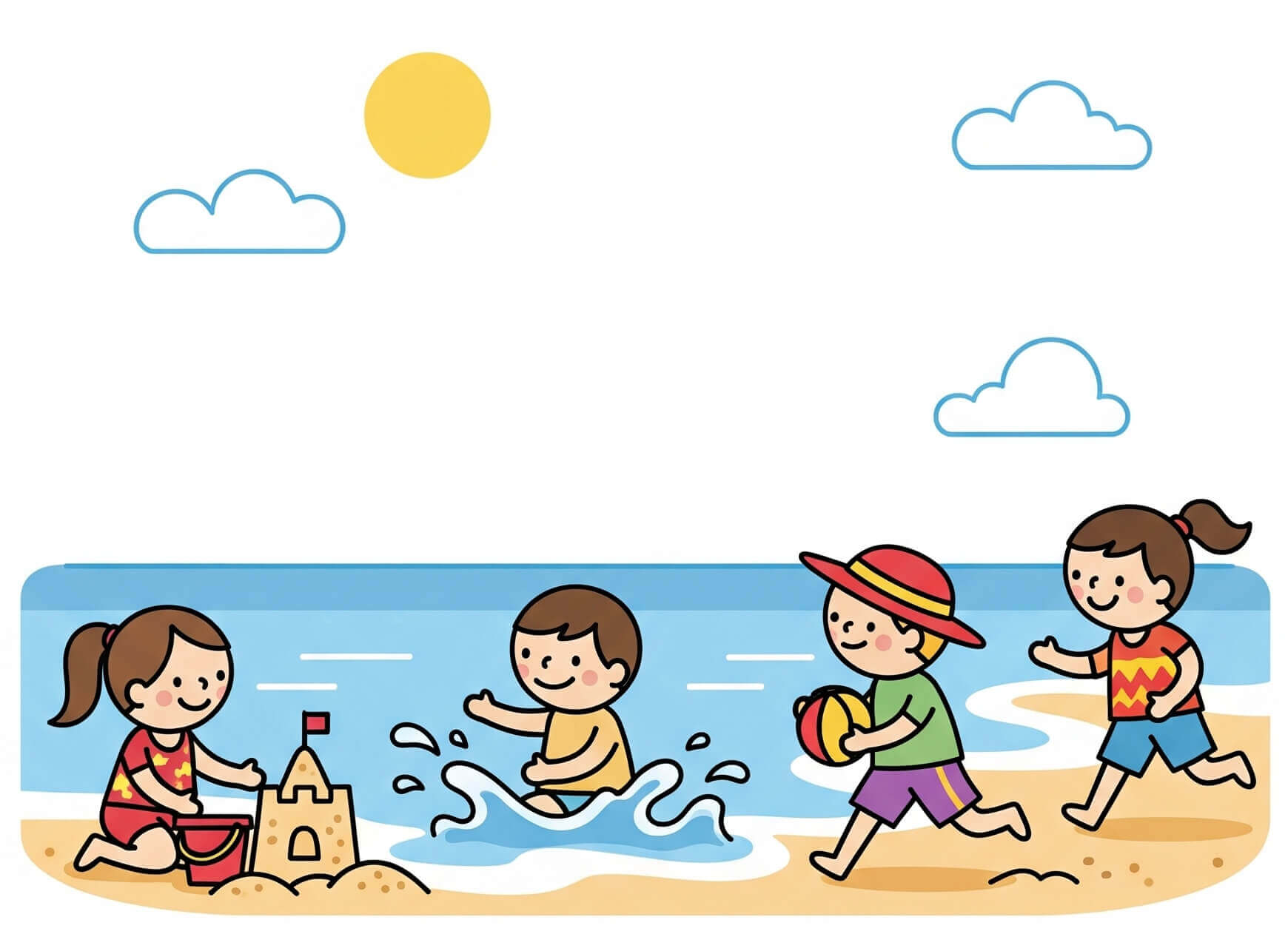 ビーチで遊ぶ子供たちのイラストダウンロード イラスト