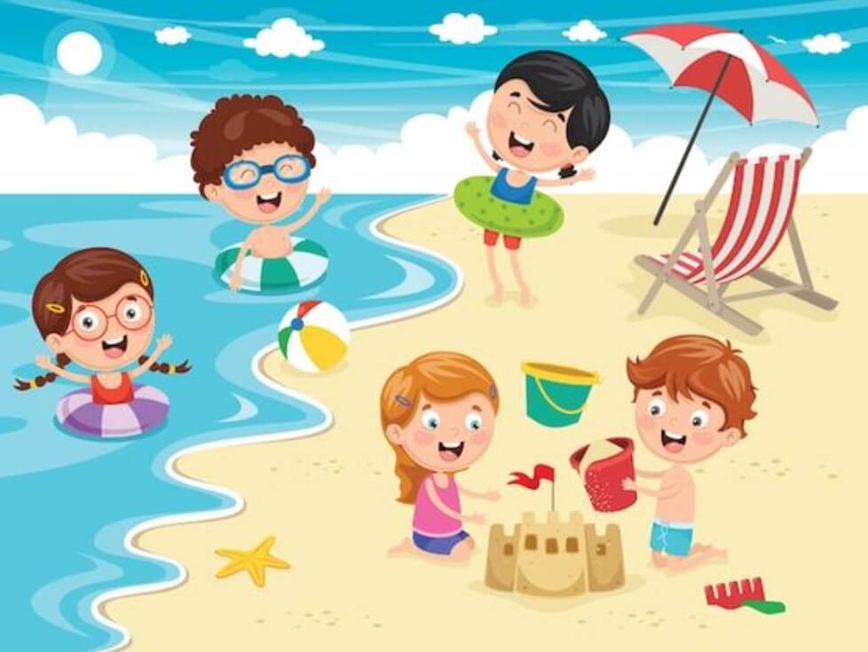 子供たちがビーチで遊んでいるイラスト