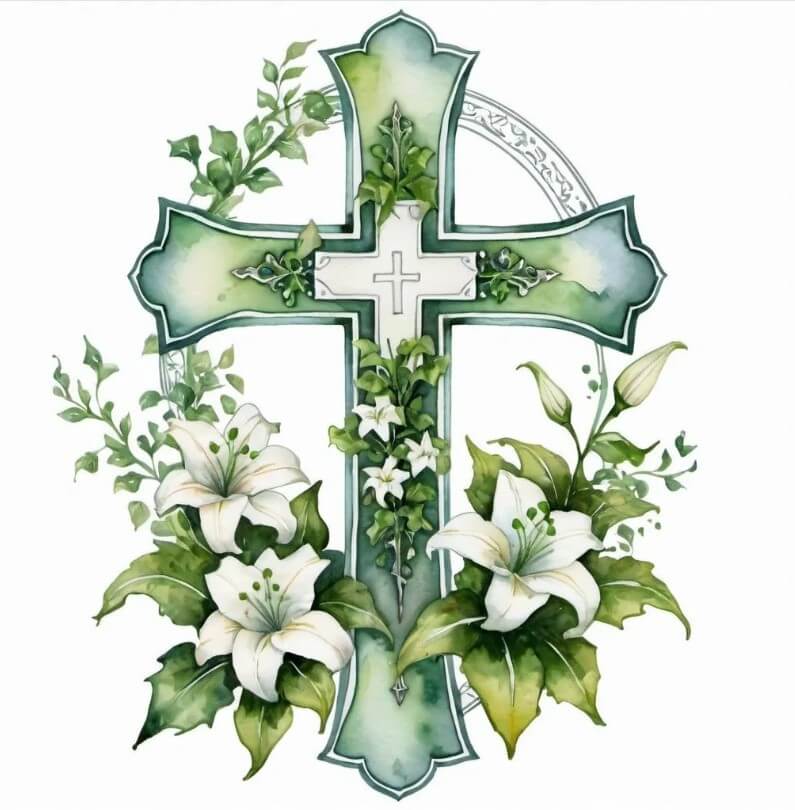 白いユリとビクトリア朝の十字架のイラスト