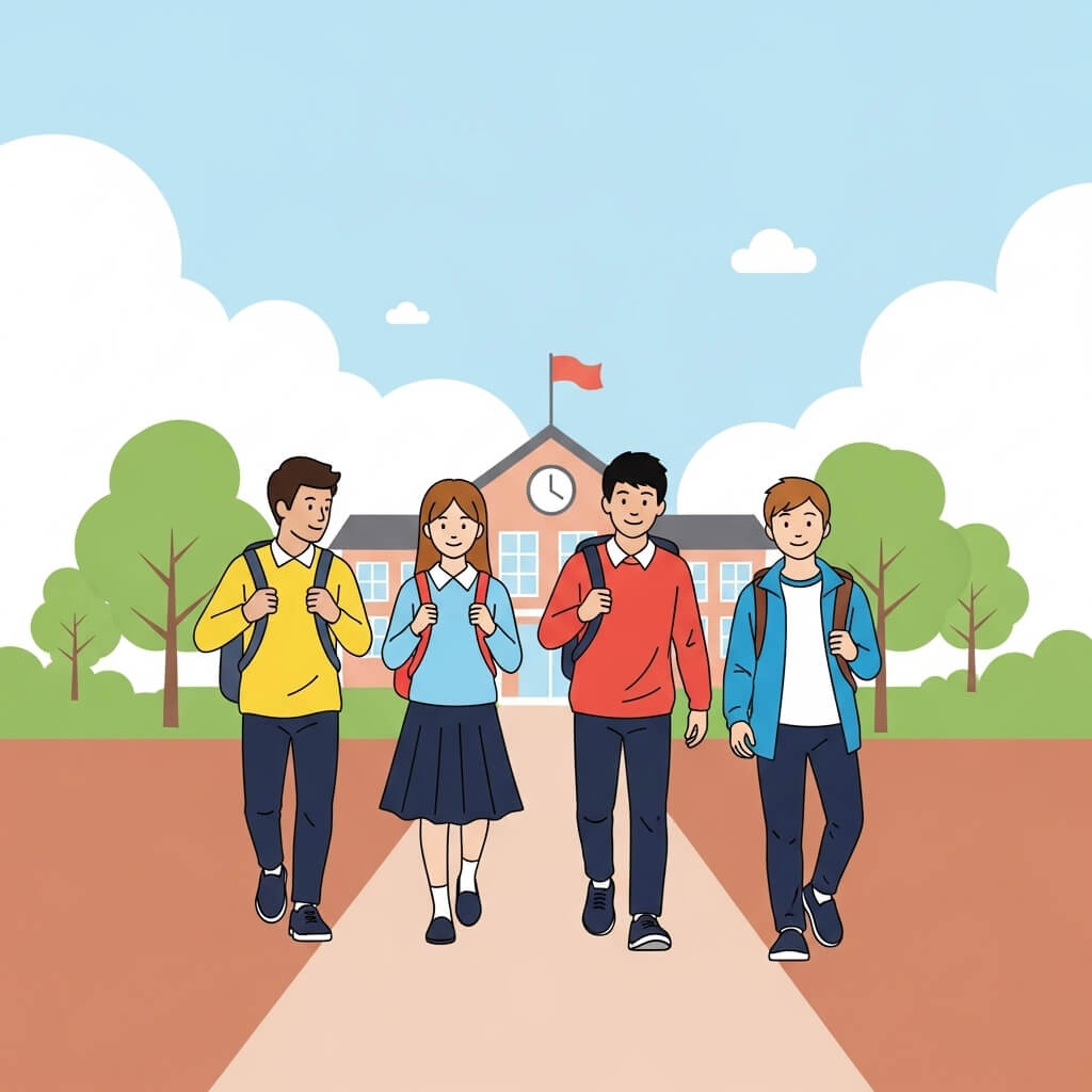 学校から家に帰る生徒たちのイラスト イラスト