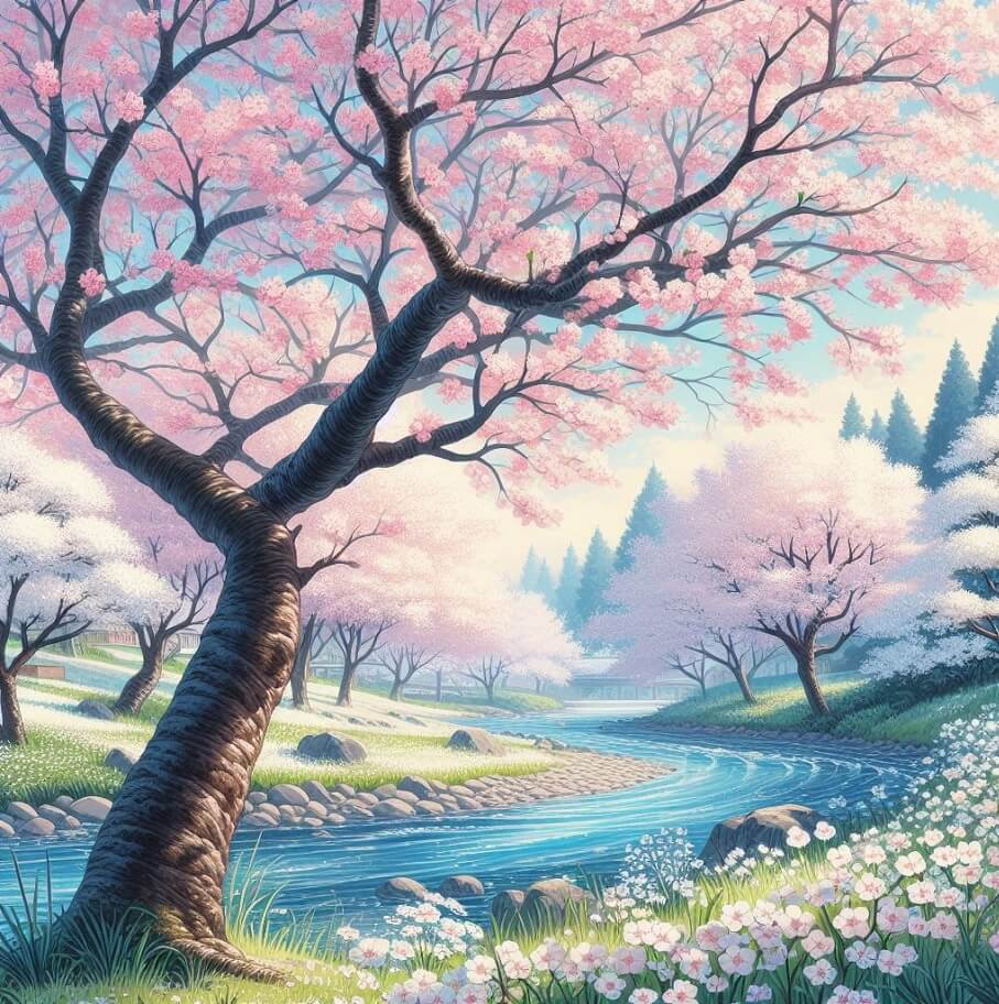 川のほとりにある桜の木のイラスト2