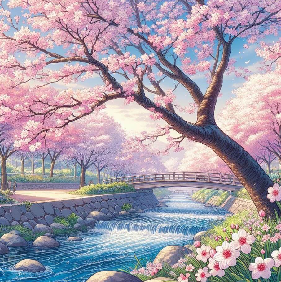 川のほとりにある桜の木のイラスト3