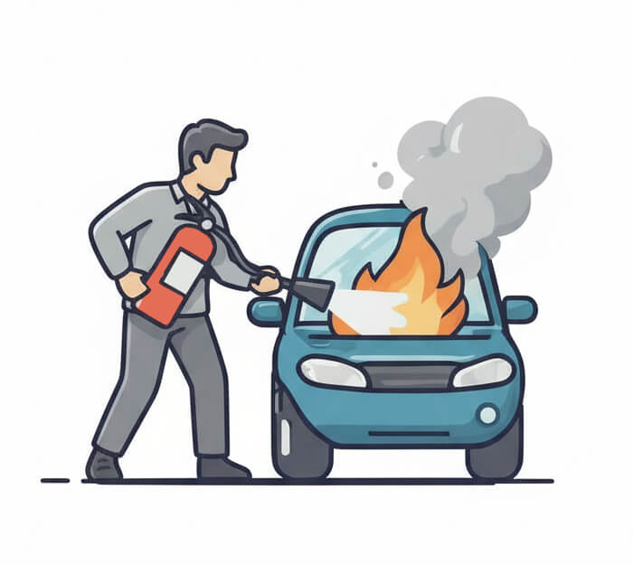 車と消火器を使う男性のイラスト イラスト